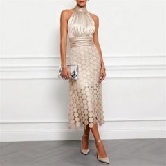 Cecily Satin Halter Neck Midi Dress with Circle Lace Skirt