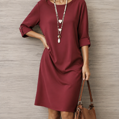 Kathleen Relaxed Roll-Cuff Pocket Dress in Wine