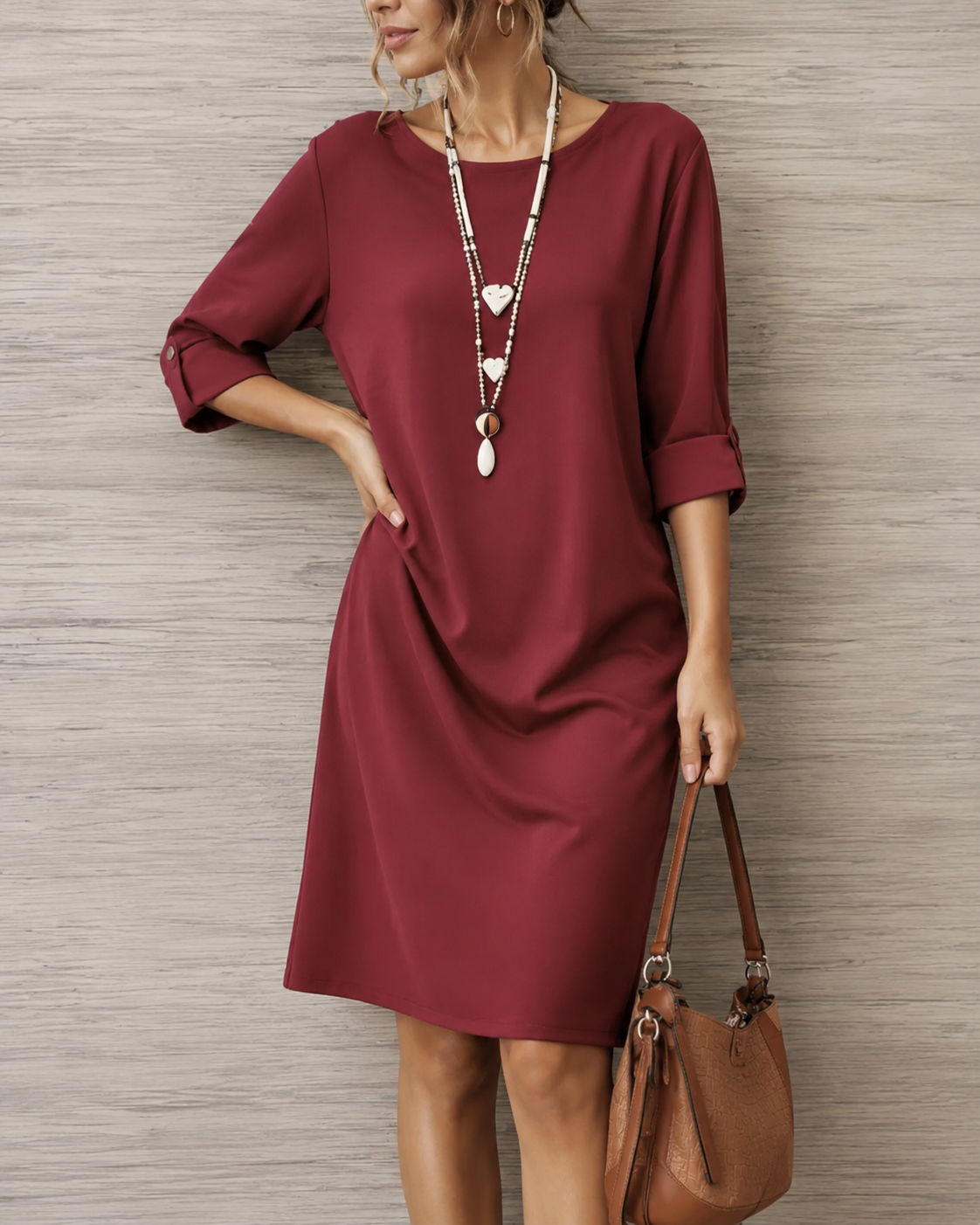 Kathleen Relaxed Roll-Cuff Pocket Dress in Wine