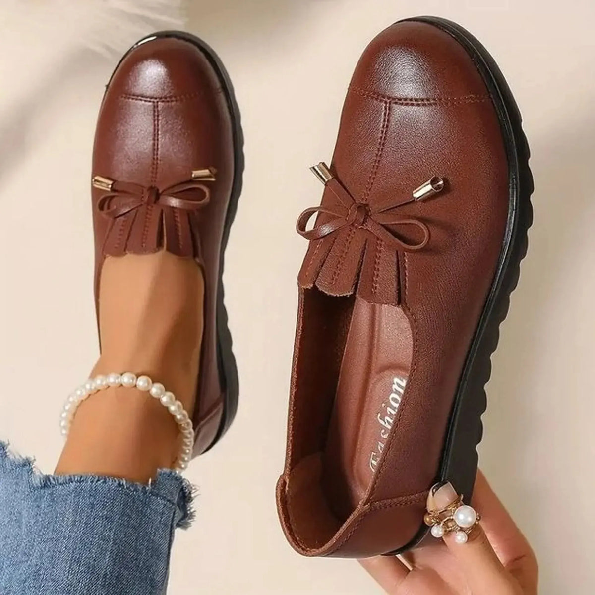 Anita Bow Detail Comfort Loafers in Brown