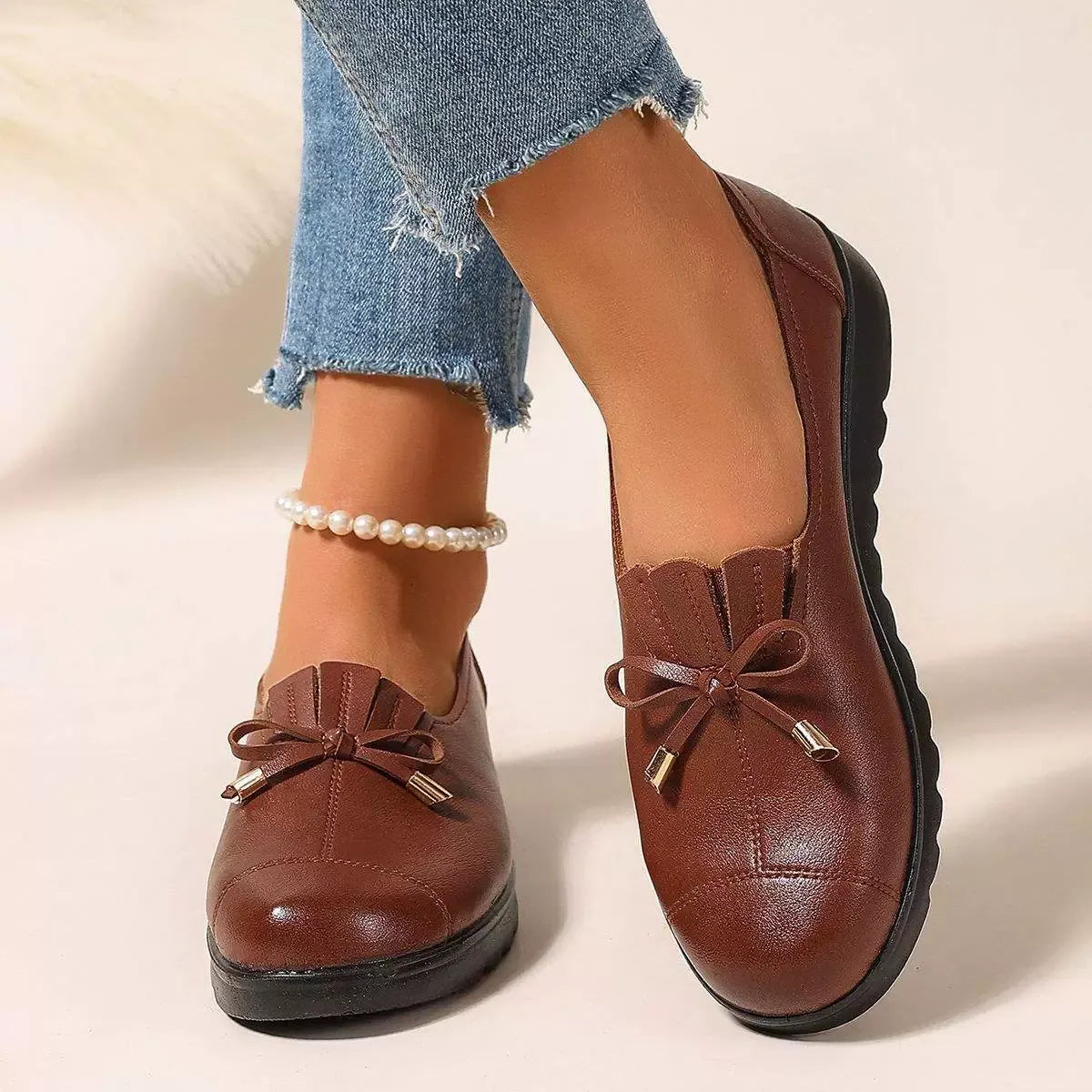 Anita Bow Detail Comfort Loafers in Brown