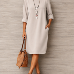 Kathleen Relaxed Roll-Cuff Pocket Dress in Off White