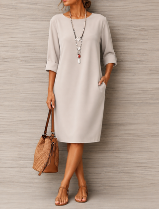 Kathleen Relaxed Roll-Cuff Pocket Dress in Off White