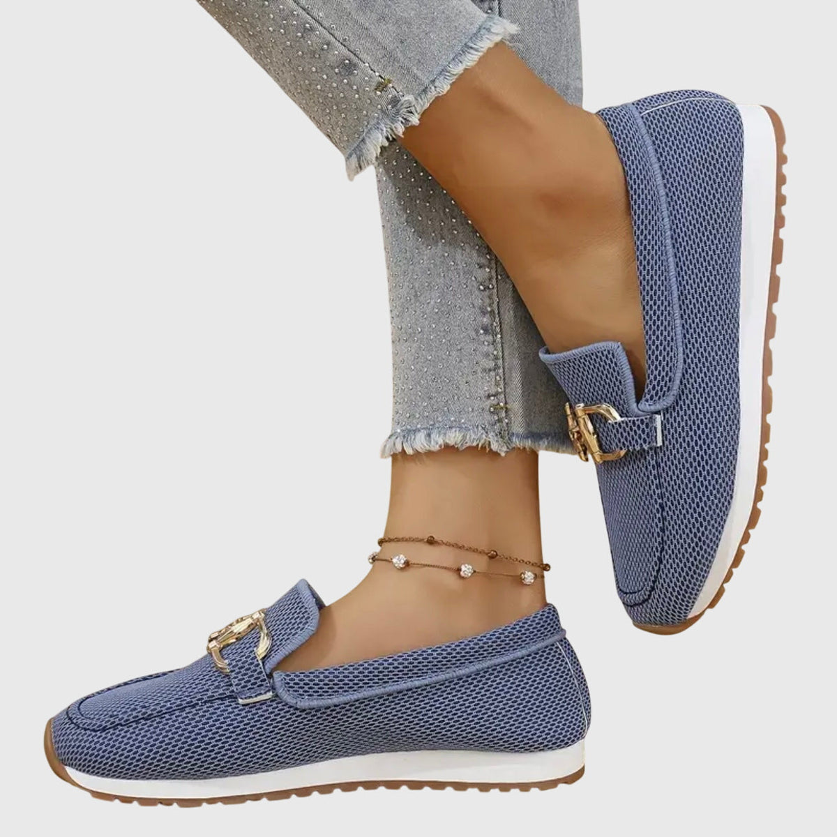 Judy | Gold Buckle Knit Loafer Trainers