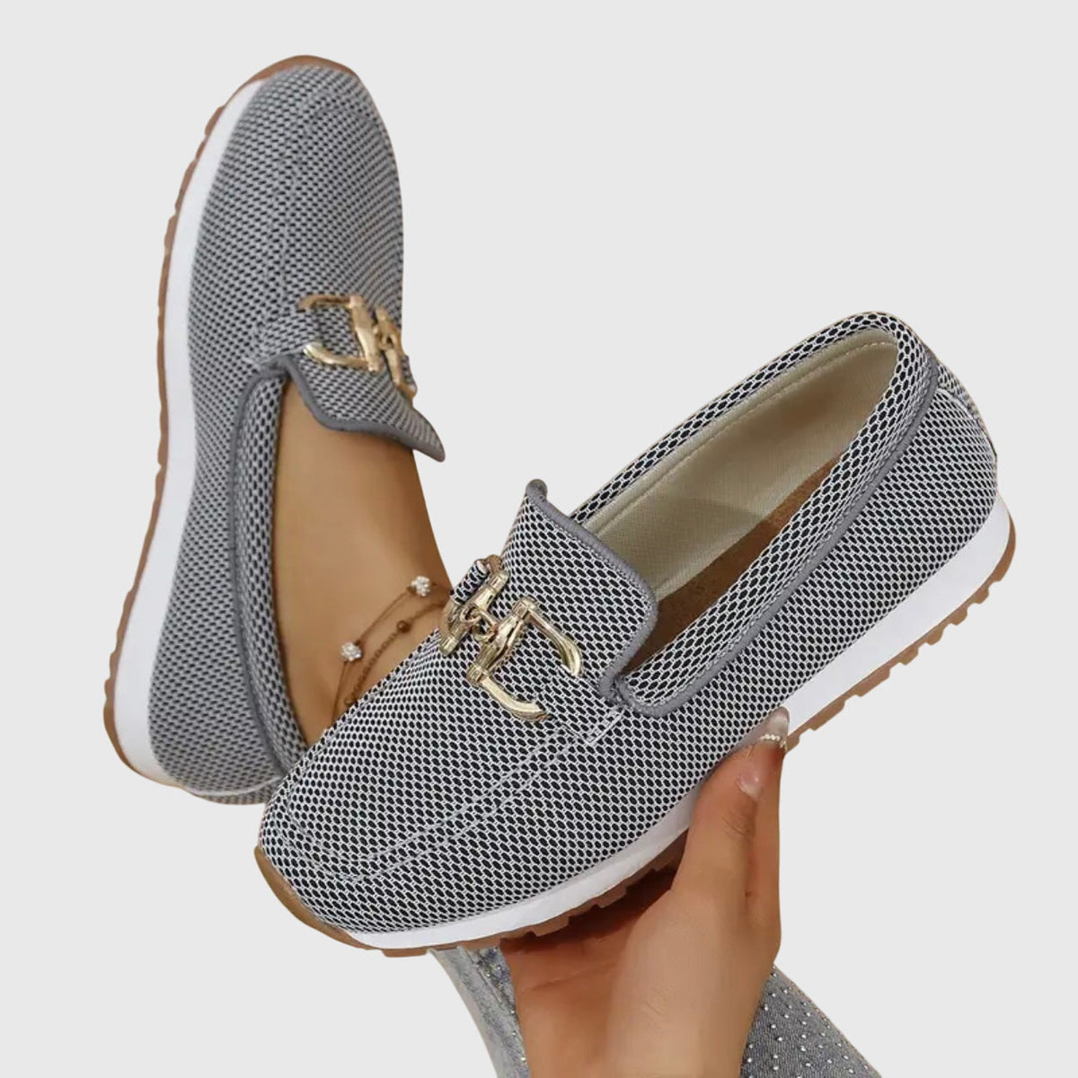 Judy | Gold Buckle Knit Loafer Trainers