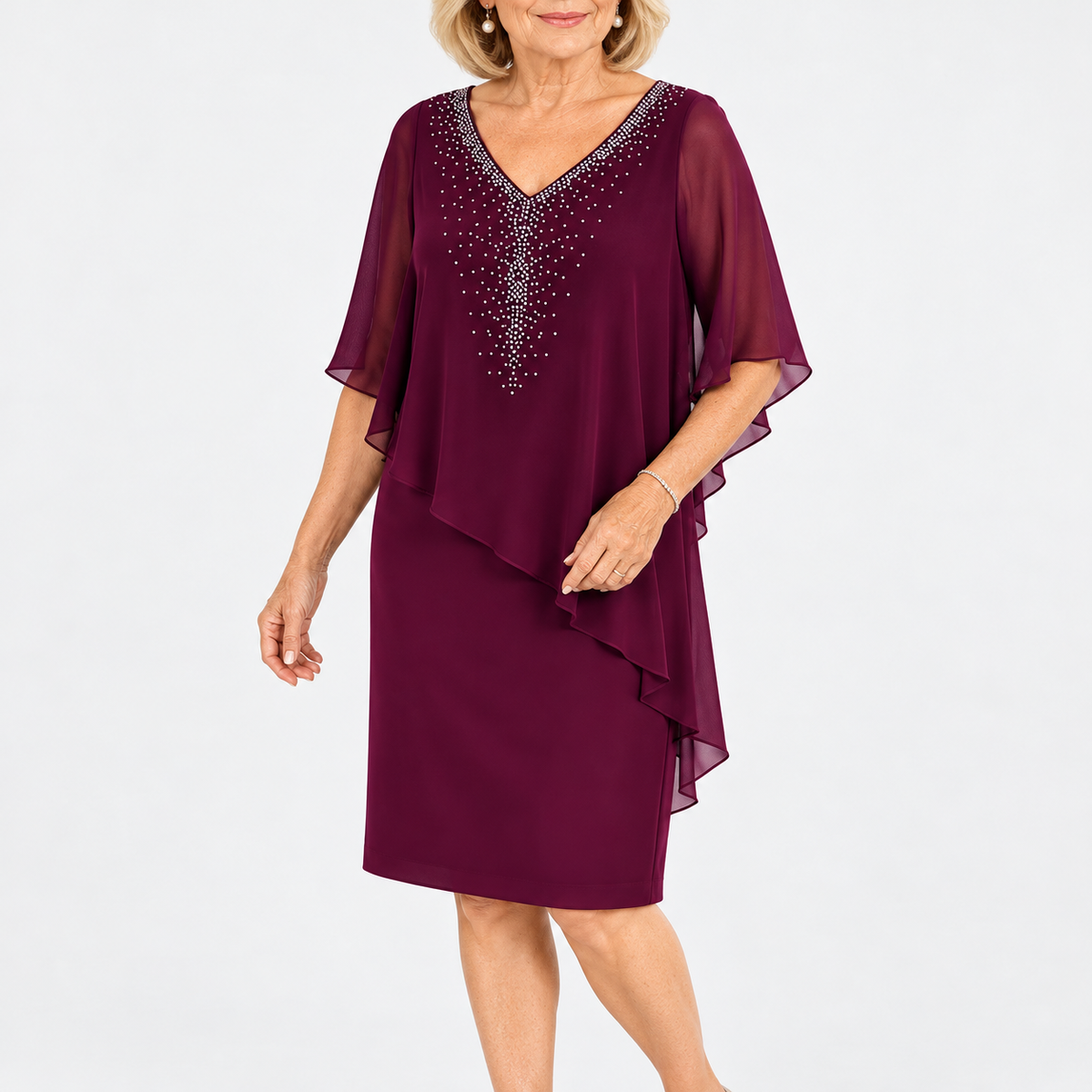 Philippa Embellished V-Neck Dress with Chiffon Cape Overlay