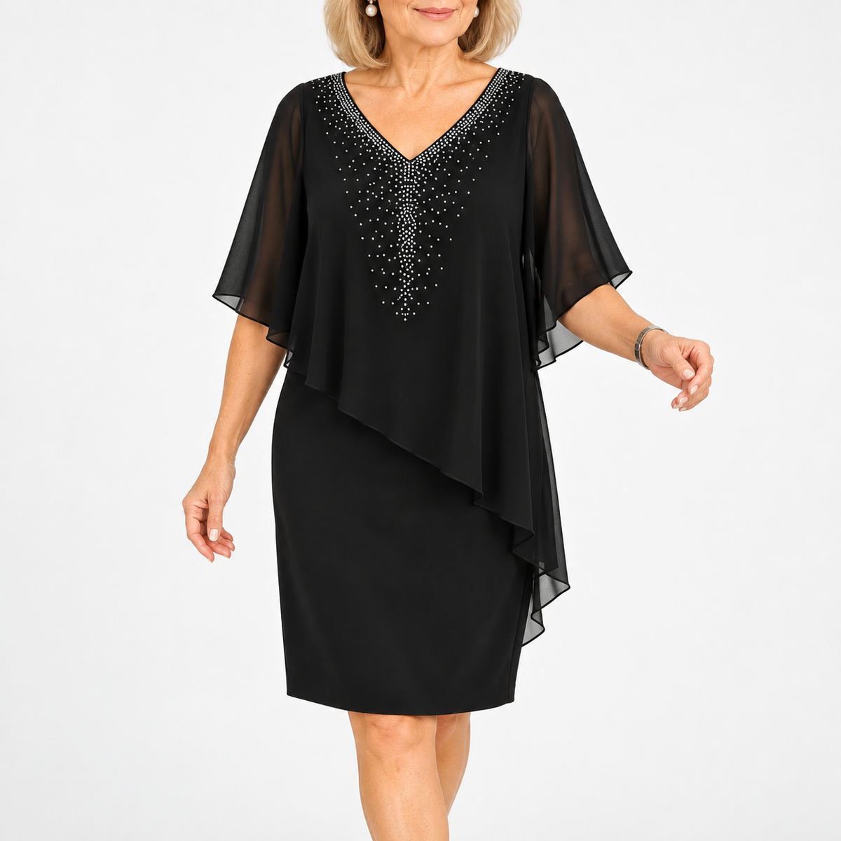 Philippa Embellished V-Neck Dress with Chiffon Cape Overlay