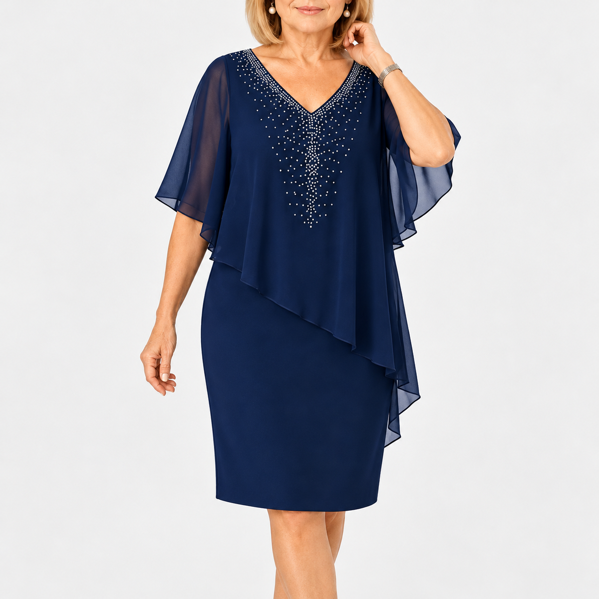 Philippa Embellished V-Neck Dress with Chiffon Cape Overlay