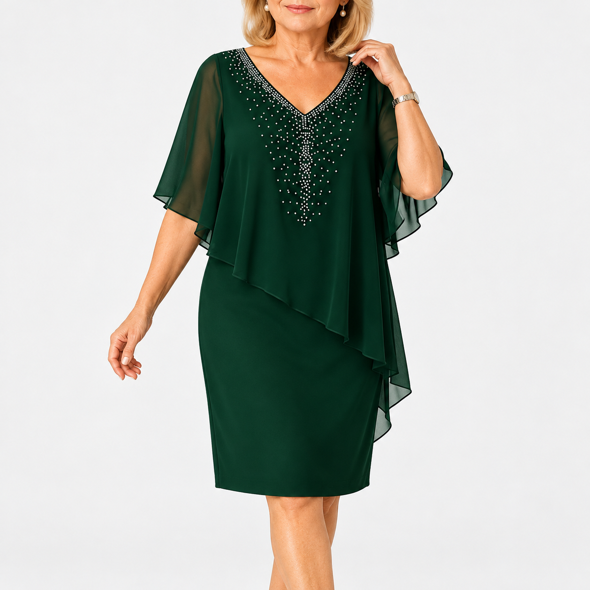 Philippa Embellished V-Neck Dress with Chiffon Cape Overlay