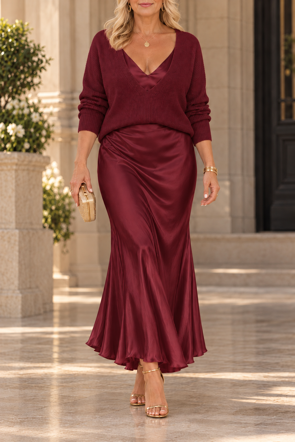 Annabel V-Neck Knit Top and Satin Slip Dress Set