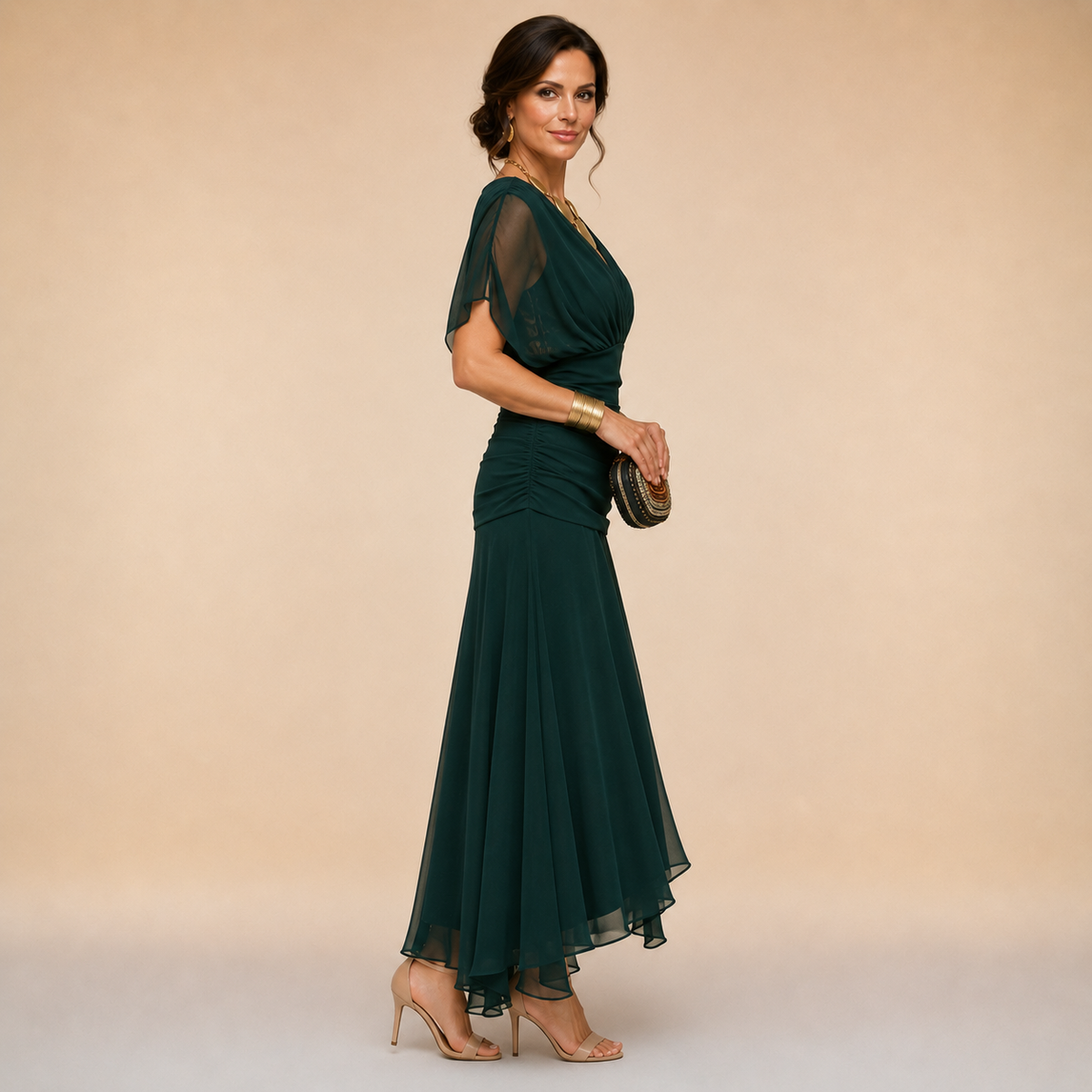 Felicity Draped V-Neck Chiffon Evening Maxi Dress