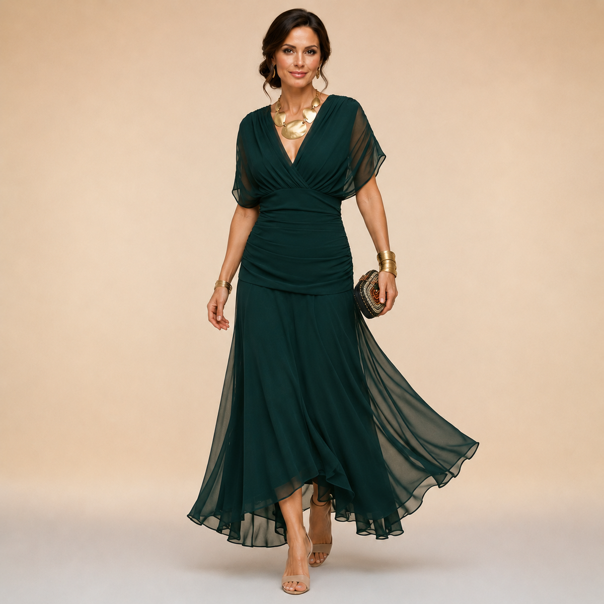Felicity Draped V-Neck Chiffon Evening Maxi Dress