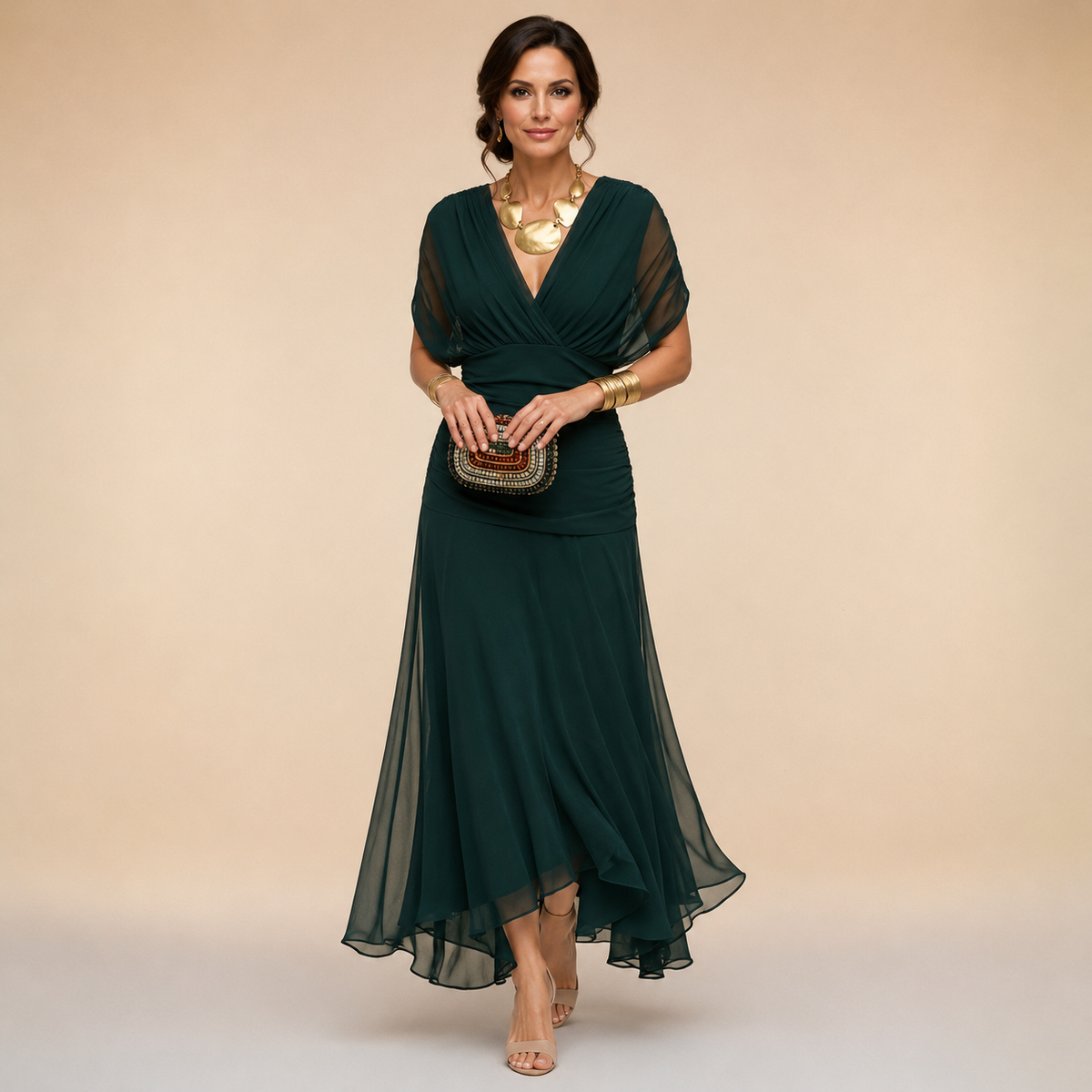 Felicity Draped V-Neck Chiffon Evening Maxi Dress