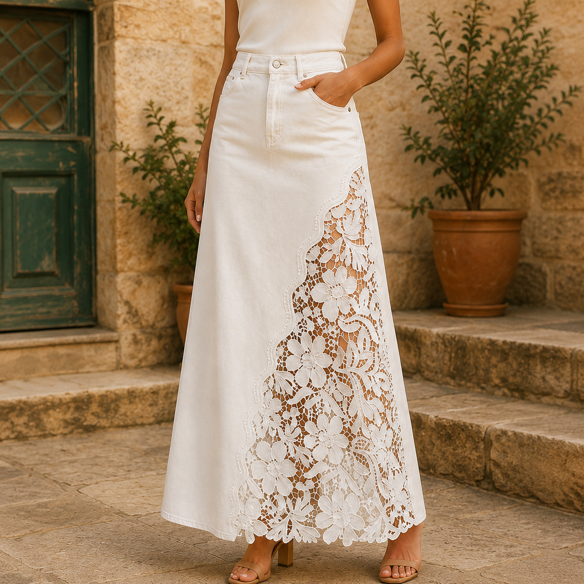 Marian Lace Panel Denim Maxi Skirt