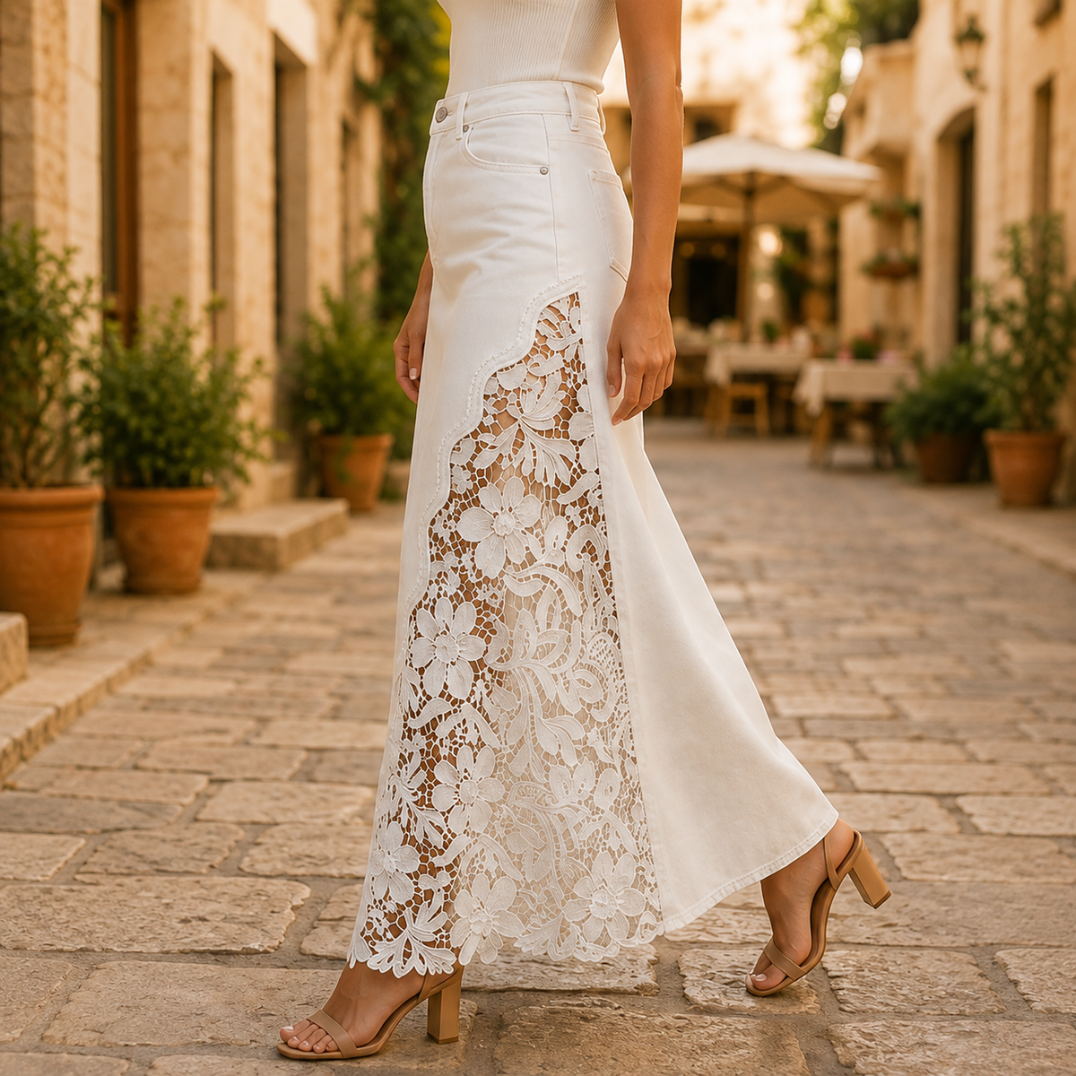 Marian Lace Panel Denim Maxi Skirt