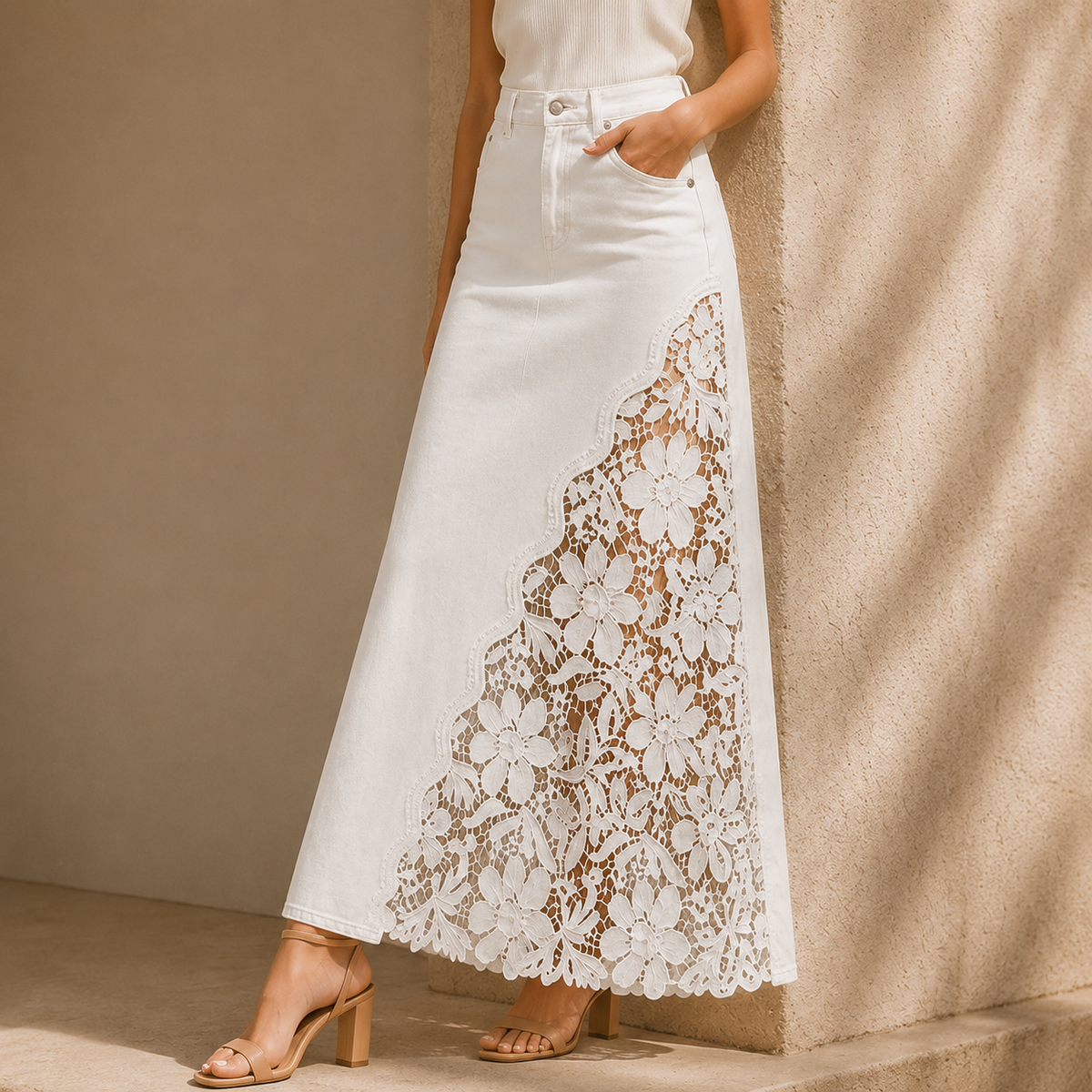Marian Lace Panel Denim Maxi Skirt