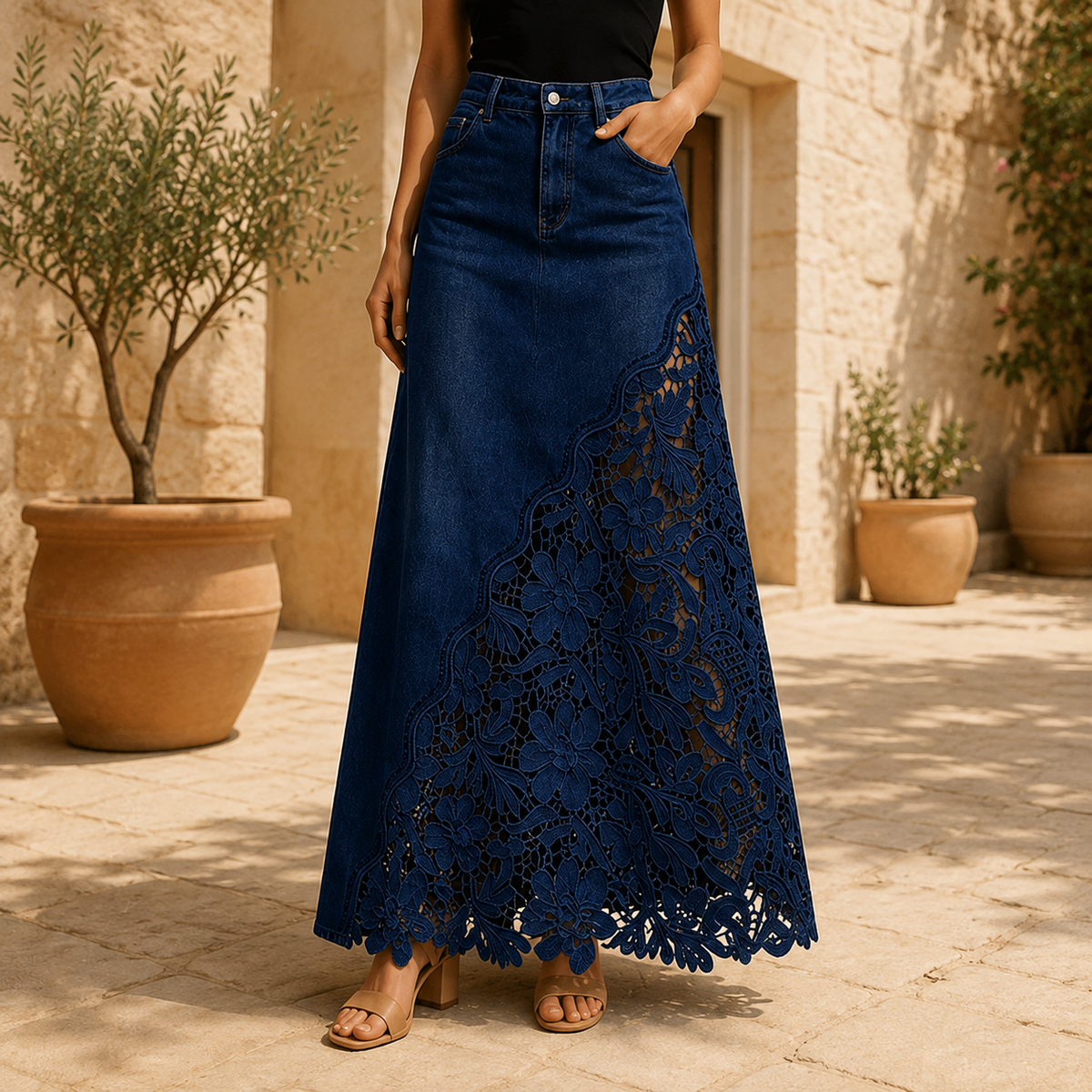 Marian Lace Panel Denim Maxi Skirt