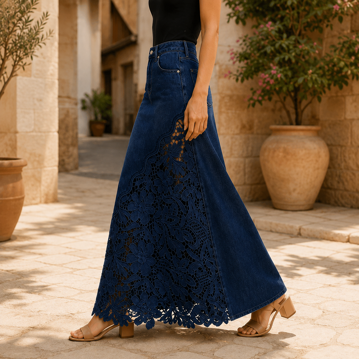 Marian Lace Panel Denim Maxi Skirt