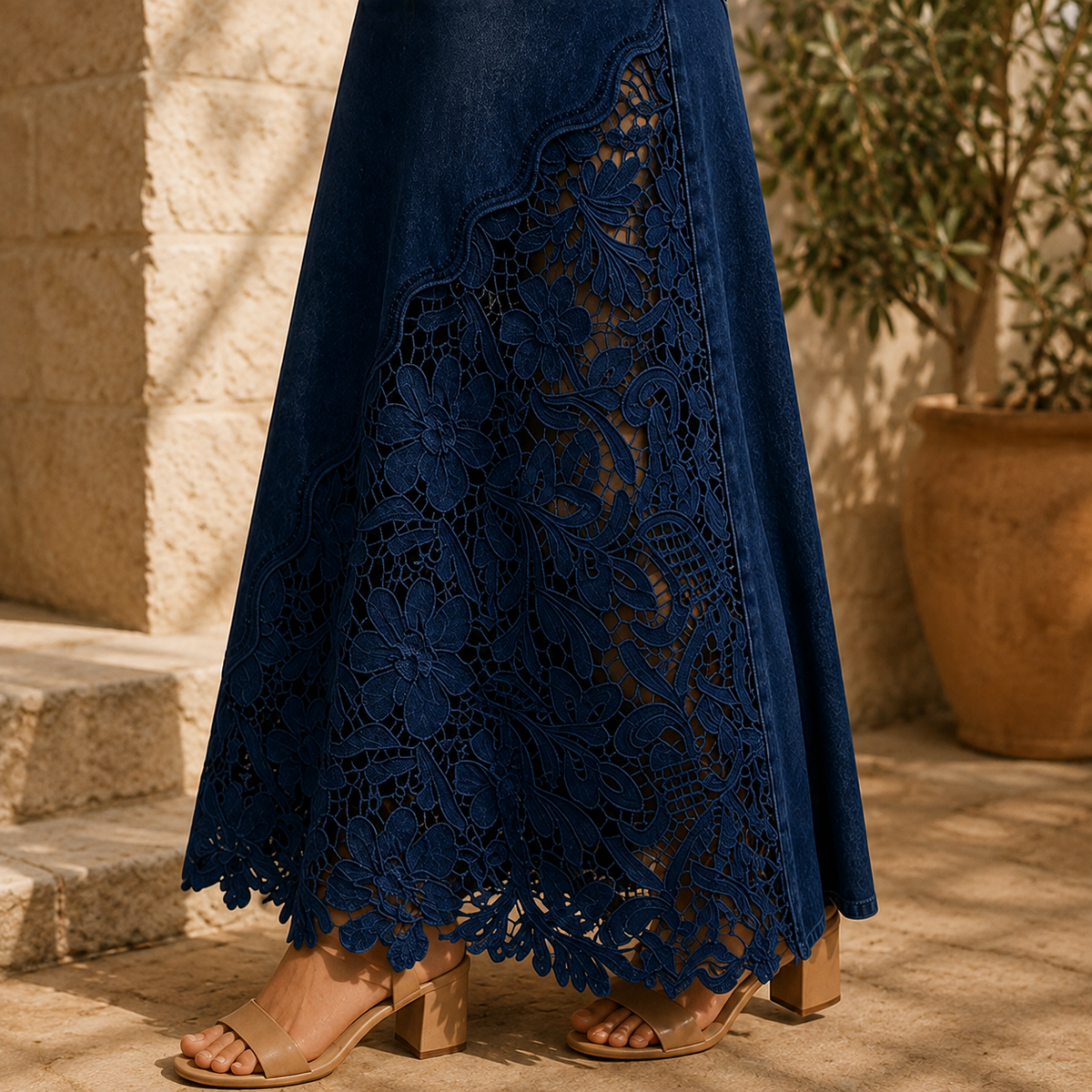 Marian Lace Panel Denim Maxi Skirt