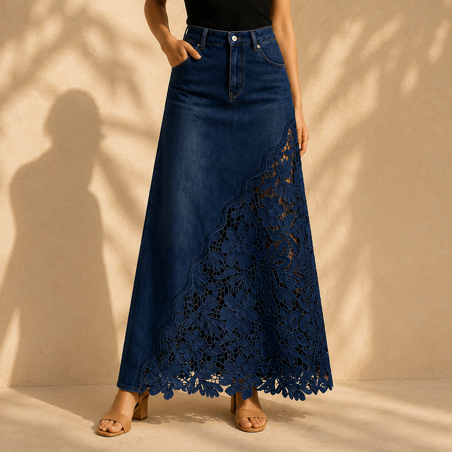 Marian Lace Panel Denim Maxi Skirt