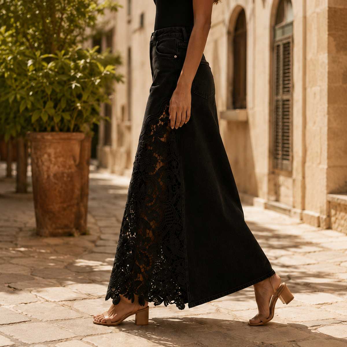 Marian Lace Panel Denim Maxi Skirt