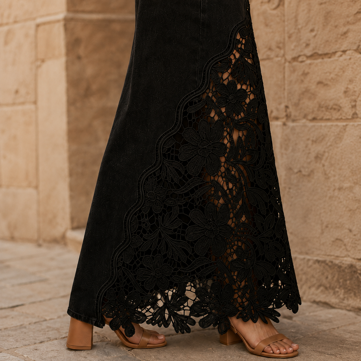 Marian Lace Panel Denim Maxi Skirt
