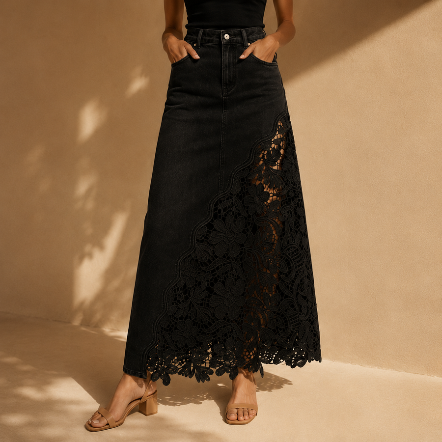 Marian Lace Panel Denim Maxi Skirt