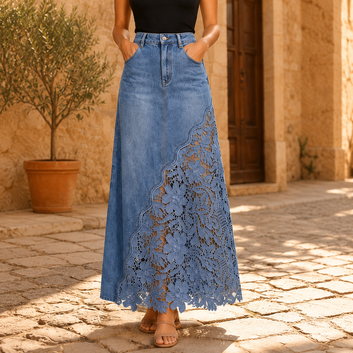 Marian Lace Panel Denim Maxi Skirt