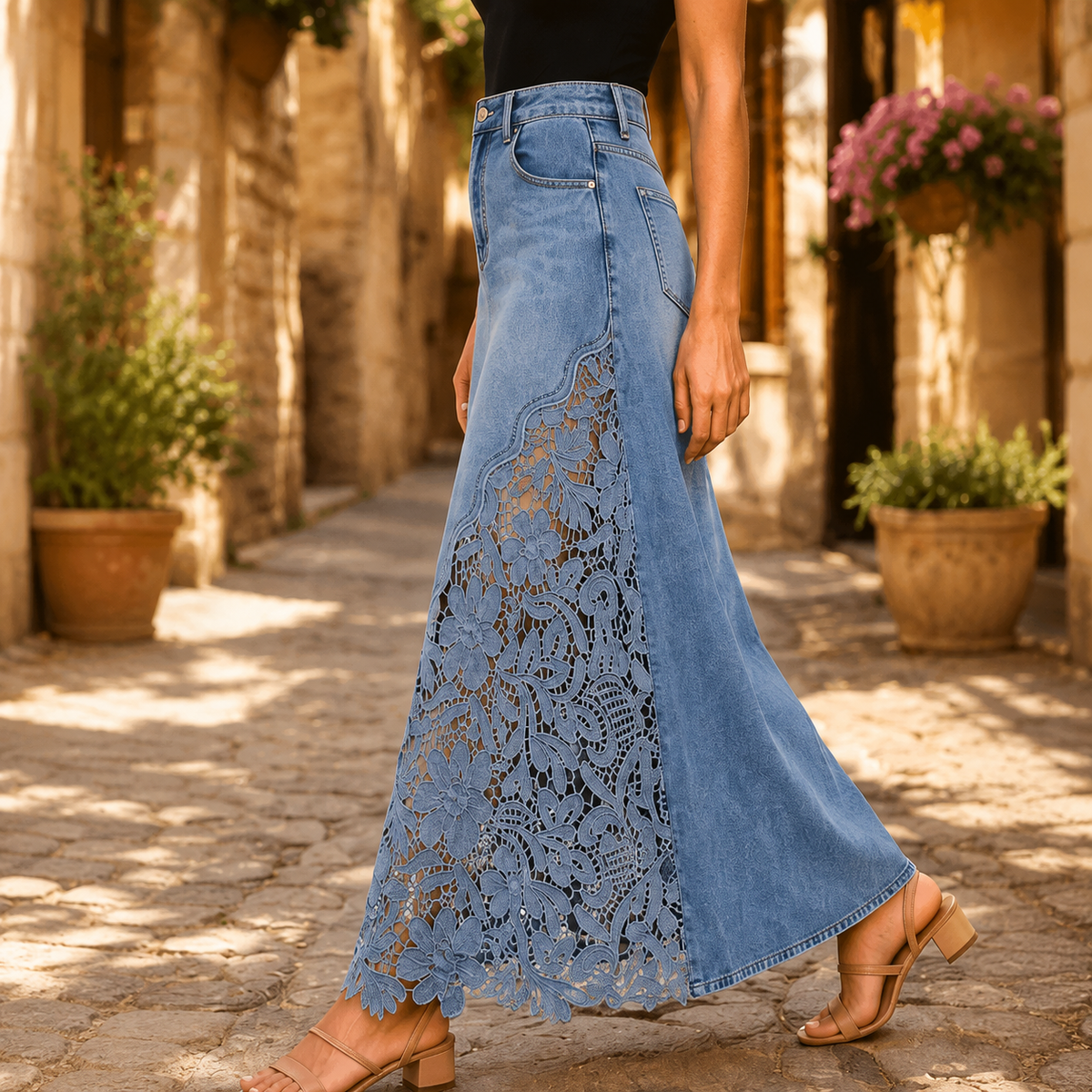 Marian Lace Panel Denim Maxi Skirt