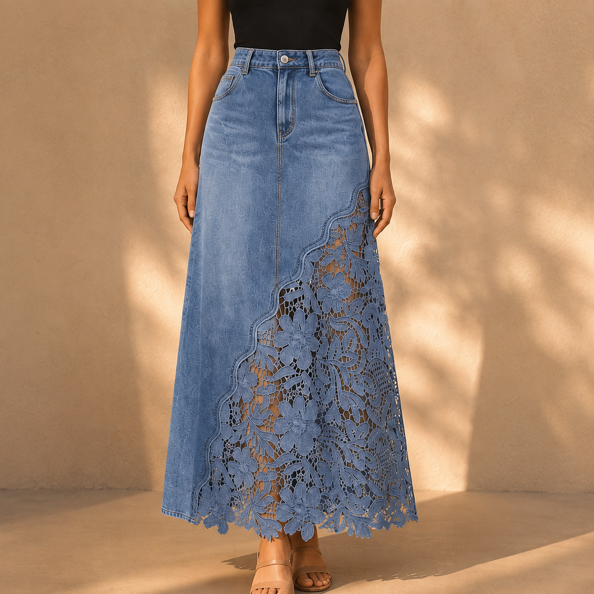 Marian Lace Panel Denim Maxi Skirt