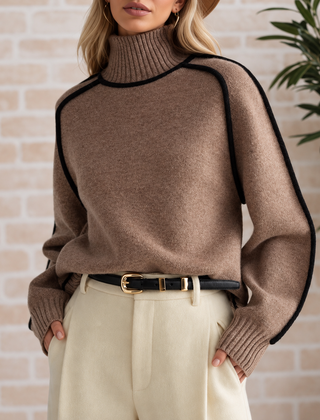 Pamela Contrast Piped Roll Neck Jumper in Mocha