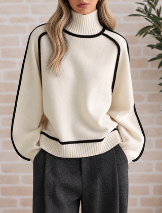 Pamela Contrast Piped Roll Neck Jumper in Cream