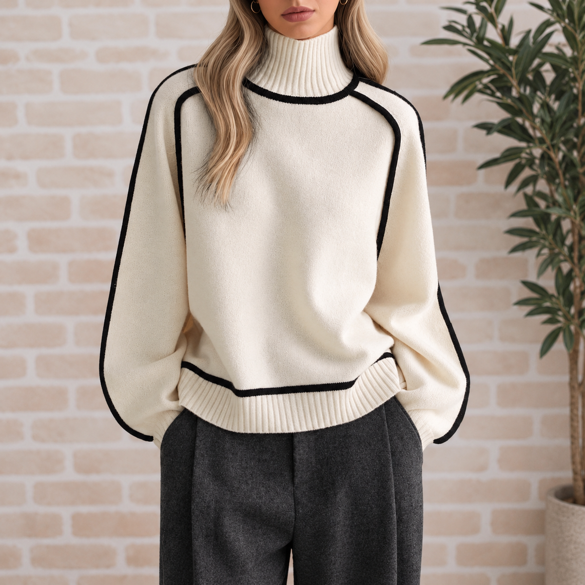 Pamela Contrast Piped Roll Neck Jumper in Cream