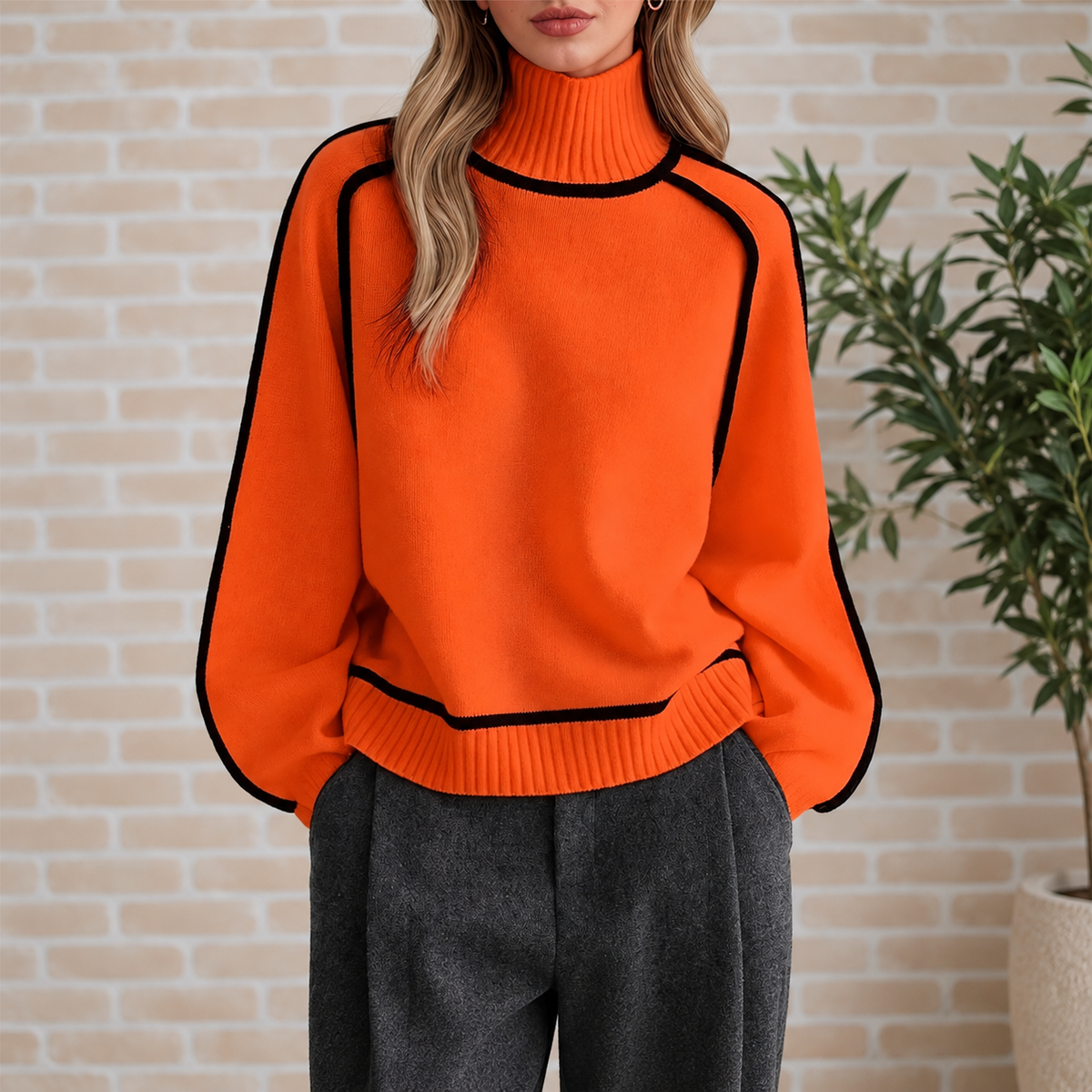 Pamela Contrast Piped Roll Neck Jumper in Orange
