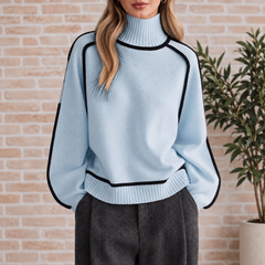 Pamela Contrast Piped Roll Neck Jumper in Sky Blue