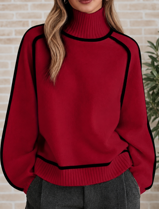 Pamela Contrast Piped Roll Neck Jumper in Red