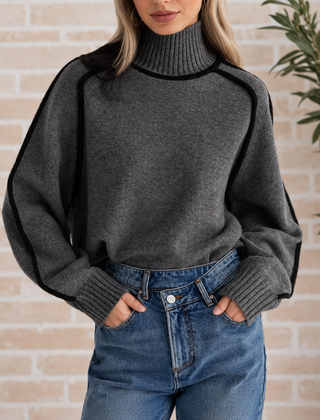 Pamela Contrast Piped Roll Neck Jumper in Charcoal