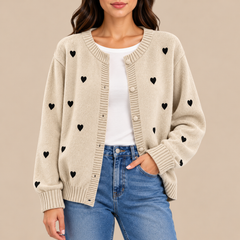 Sally Heart Pattern Knit Cardigan in Oatmeal