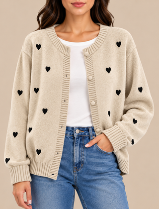 Sally Heart Pattern Knit Cardigan in Oatmeal