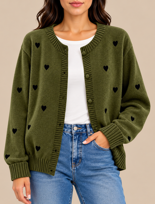 Sally Heart Pattern Knit Cardigan in Olive