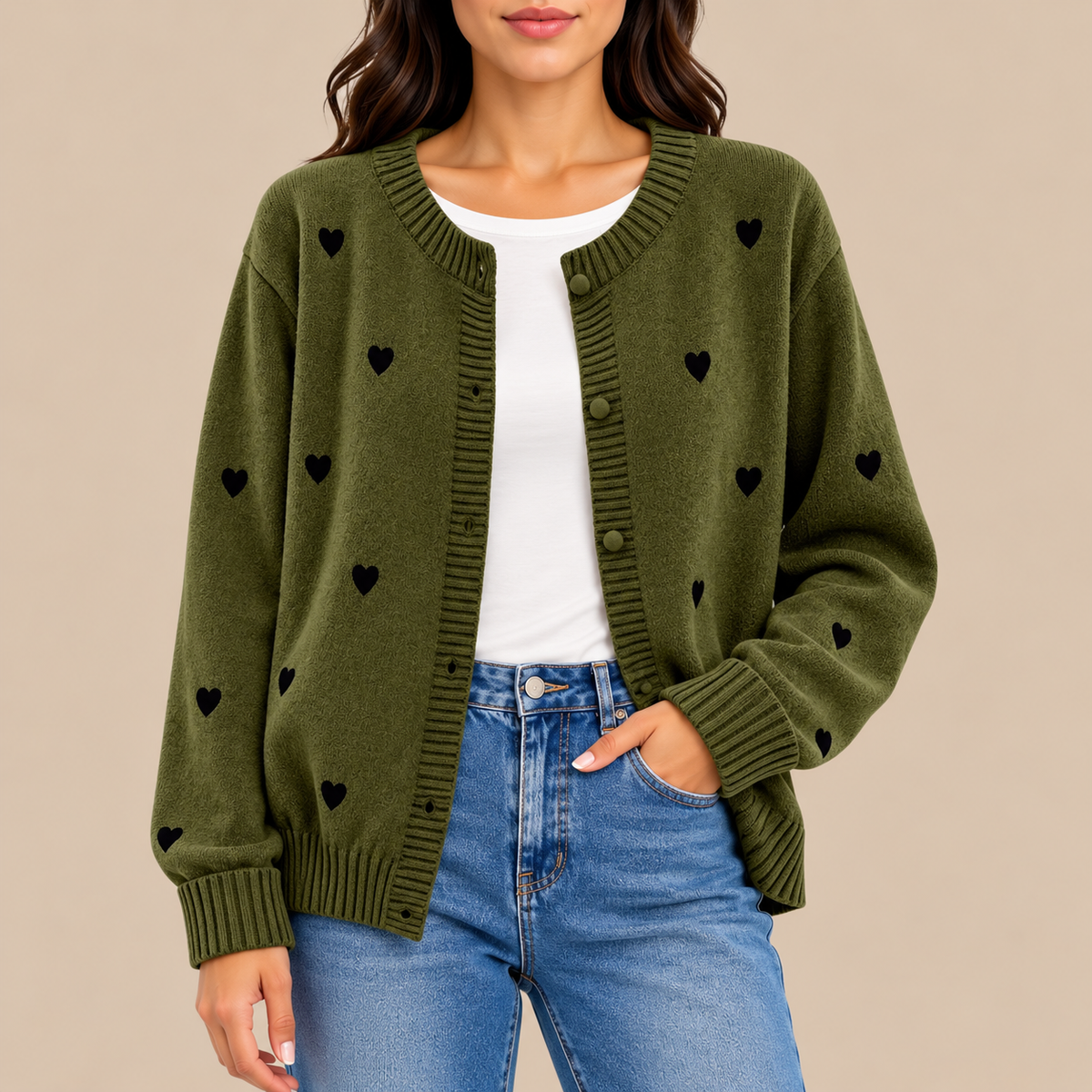 Sally Heart Pattern Knit Cardigan in Olive