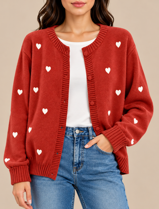 Sally Heart Pattern Knit Cardigan in Red