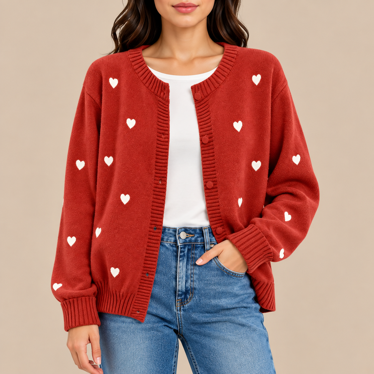 Sally Heart Pattern Knit Cardigan in Red