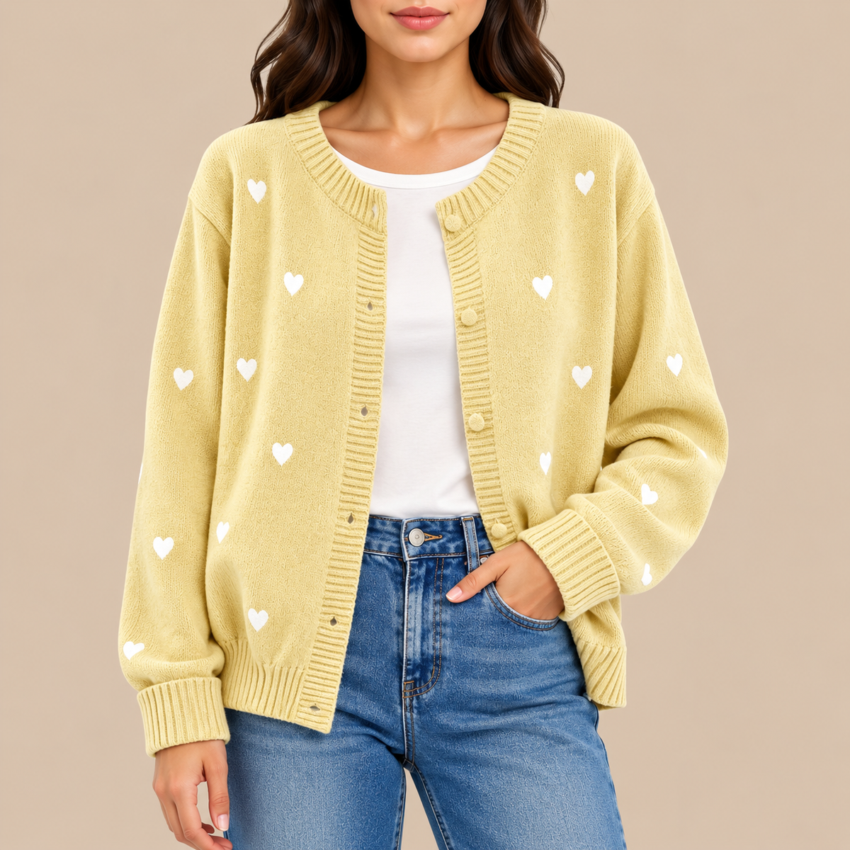 Sally Heart Pattern Knit Cardigan in Lemon