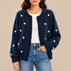 Sally Heart Pattern Knit Cardigan in Navy