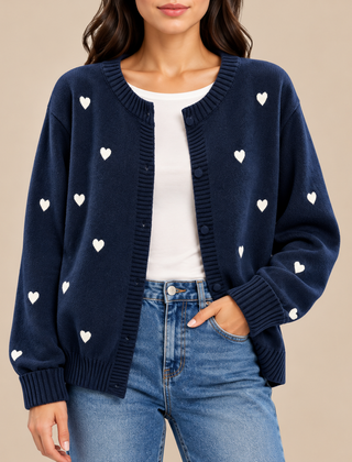 Sally Heart Pattern Knit Cardigan in Navy