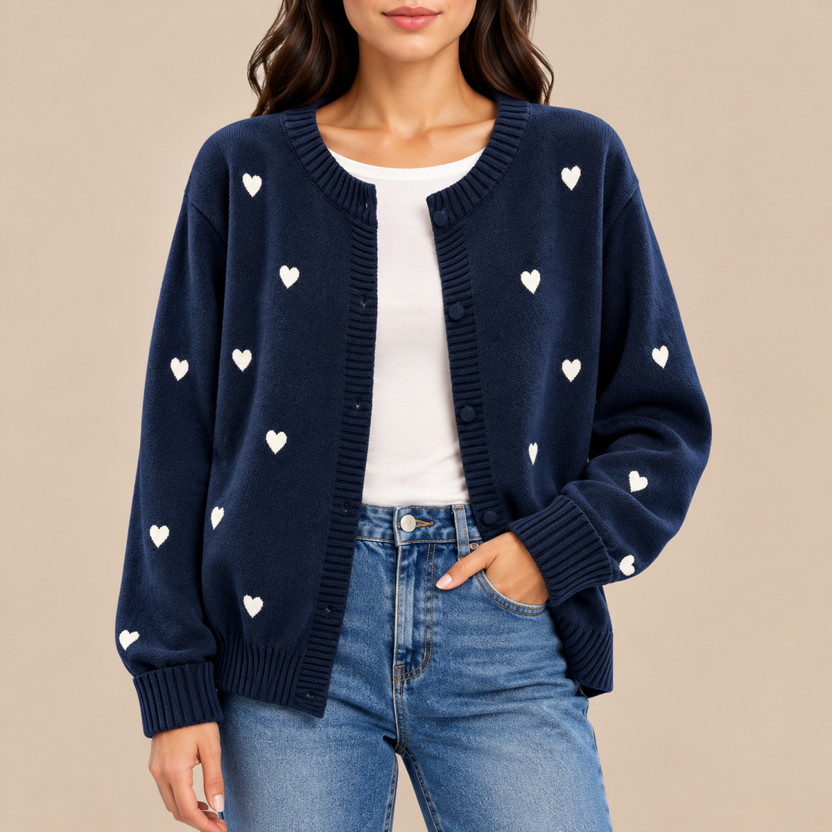 Sally Heart Pattern Knit Cardigan in Navy