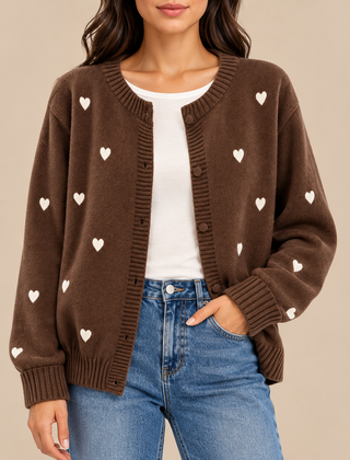 Sally Heart Pattern Knit Cardigan in Chocolate