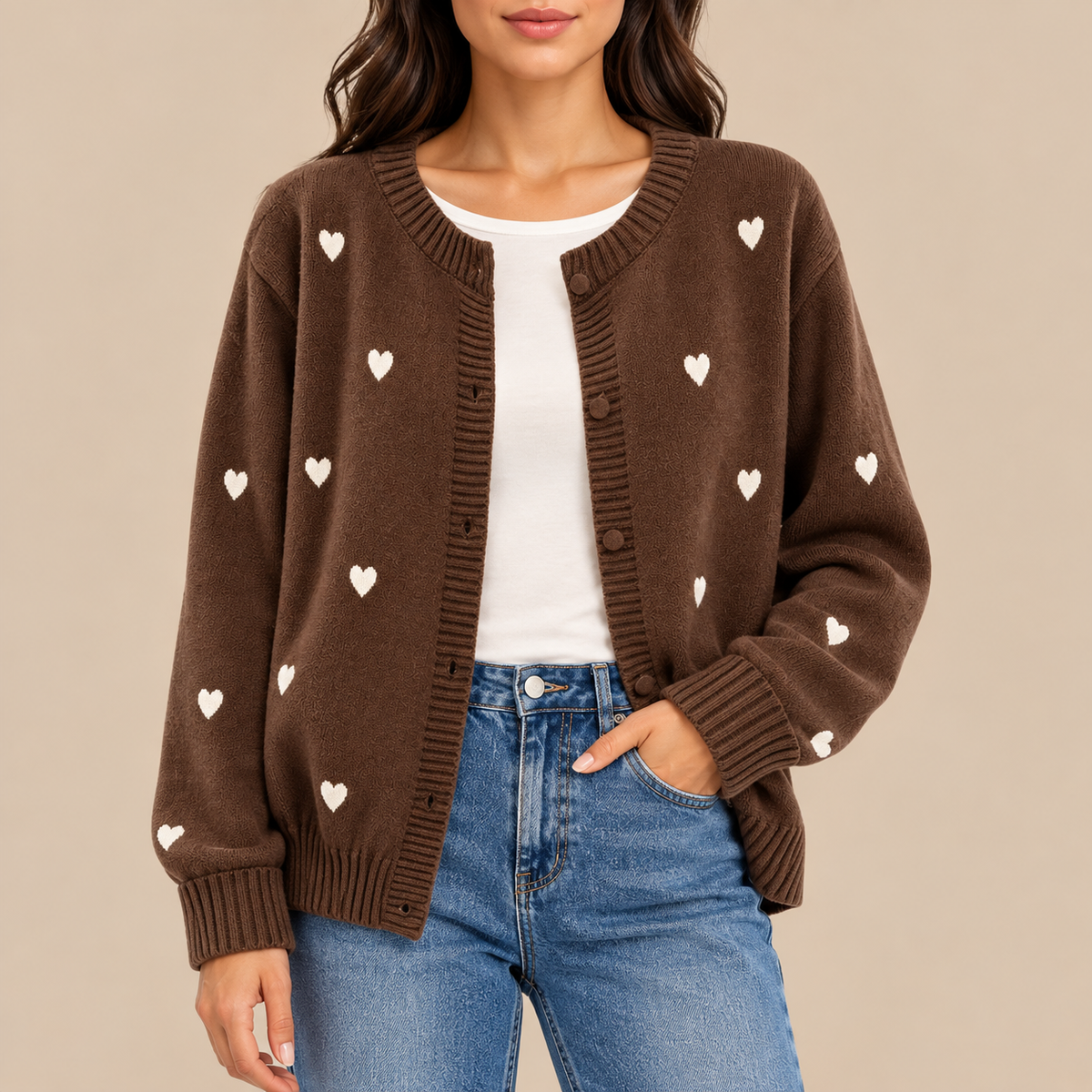 Sally Heart Pattern Knit Cardigan in Chocolate
