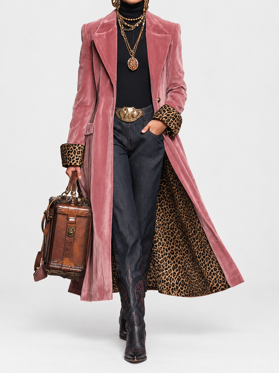 Jackie Long Velvet Coat with Leopard Lining